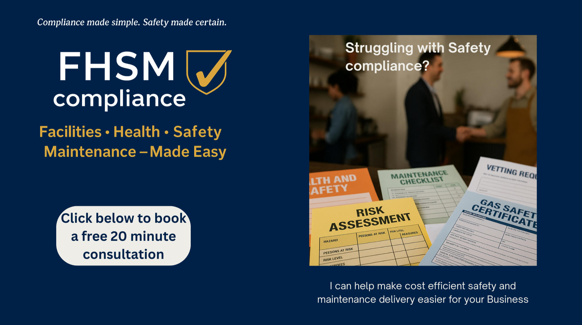 Ensure health and safety compliance with expert support in workplace safety regulations, legal requirements, safety audits, inspections, and tailored policies for small businesses.