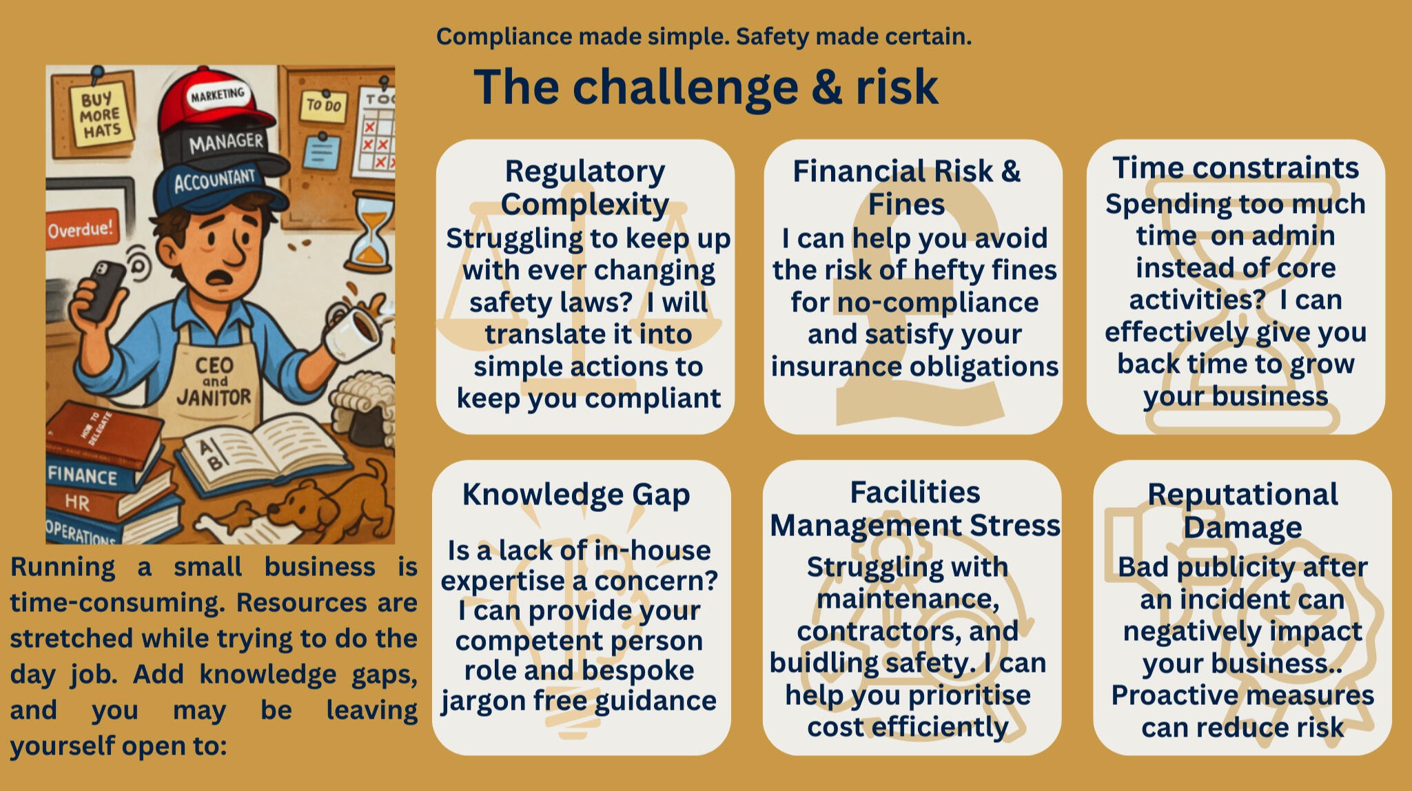 Small businesses face major health and safety challenges—from complex legal duties and compliance risks to financial penalties, time constraints, contractor management, and reputational damage. Learn how to close knowledge gaps and protect your business.